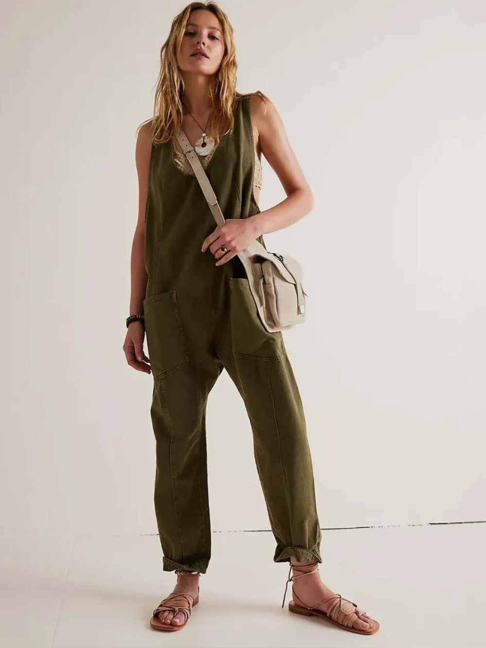 Free People We The Free High Roller Jumpsuit XS Olive Green Harem Overalls